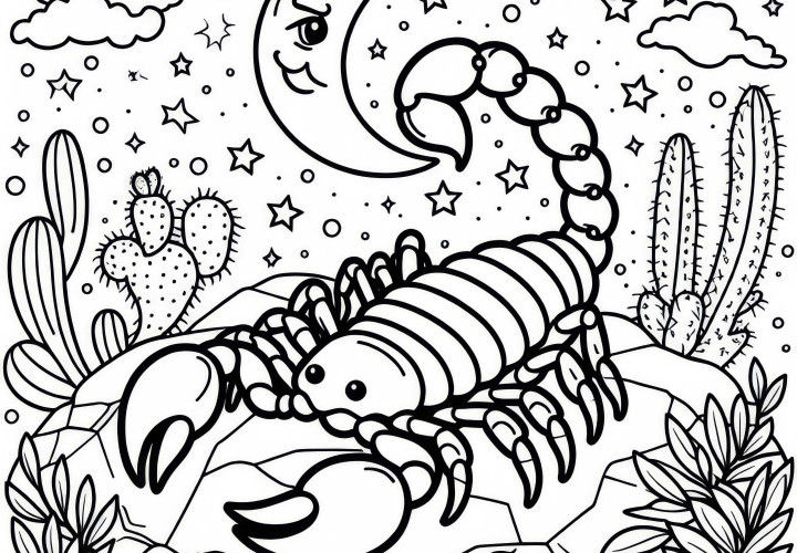 Escorpião em rochas com lua ao fundo: Modelo de desenho simples (Gratuito) Escorpião sobre rochas com lua ao fundo: Modelo de colorir simples (Gratuito)