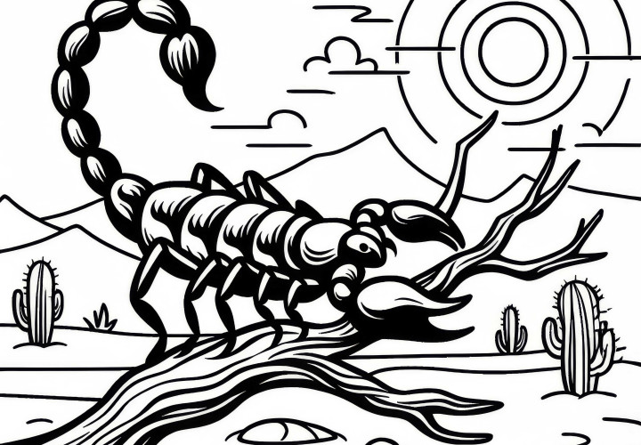 Escorpião escala um galho seco no deserto: Desenho para colorir simples (Gratuito) Escorpião subindo por um galho seco no deserto: Desenho para colorir simples (Grátis)