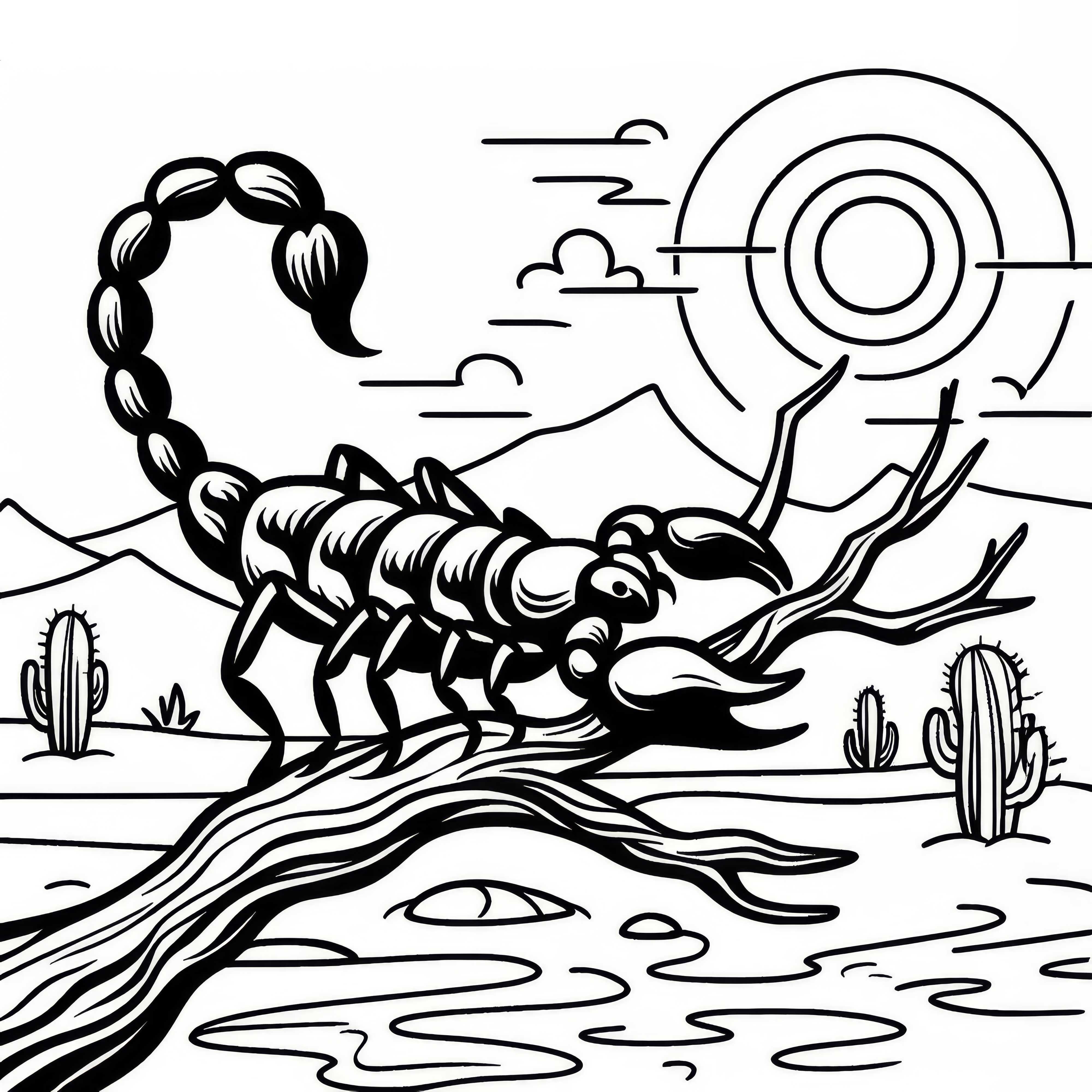 Escorpião escala um galho seco no deserto: Desenho para colorir simples (Grátis)