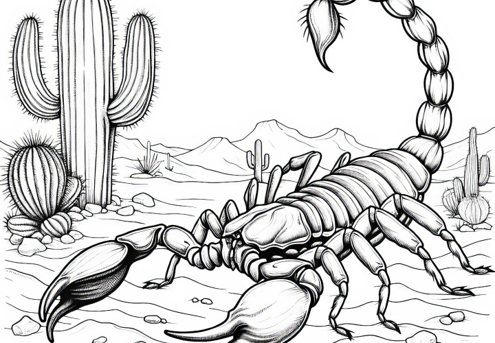 Escorpião na areia do deserto com cacto ao fundo: Desenho para colorir gratuito Escorpião na areia do deserto com cacto ao fundo: Desenho para colorir gratuito