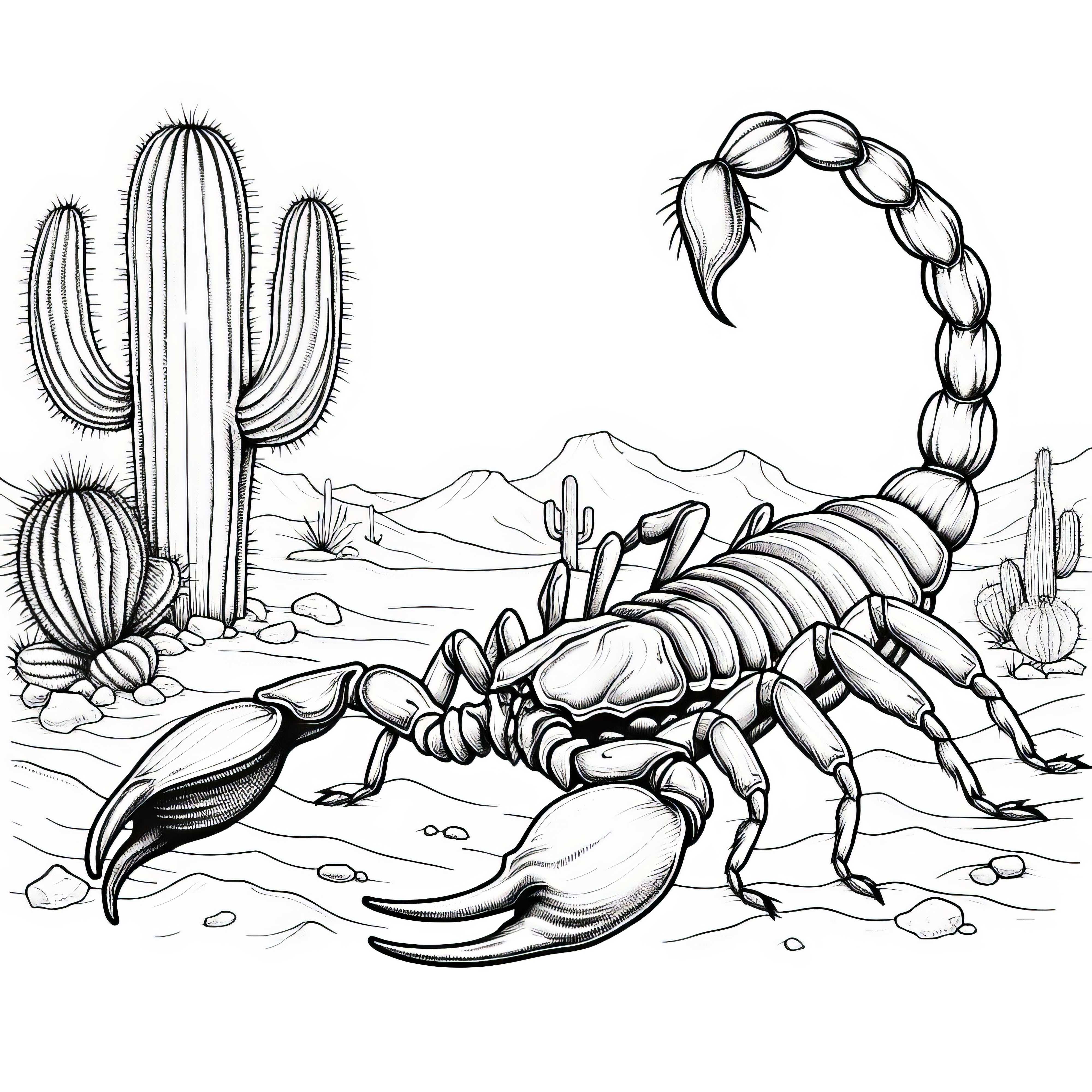 Escorpião na areia do deserto com cacto ao fundo: Desenho para colorir gratuito
