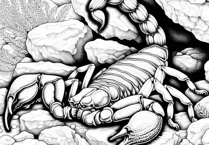 Escorpião se esconde sob uma pedra e observa a presa: Modelo de colorir gratuito Escorpião se esconde sob a pedra e aguarda a presa: Desenho para colorir gratuito