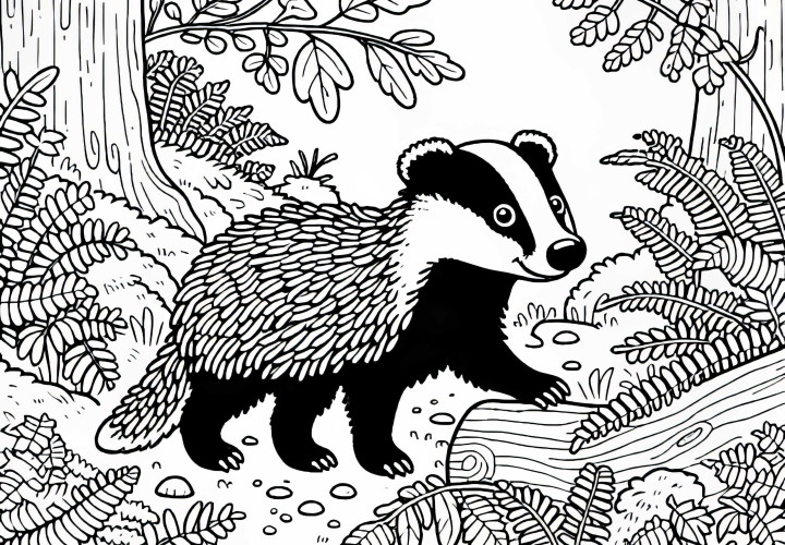 El tejón camina por el denso bosque: Plantilla de coloración sencilla (Gratis)