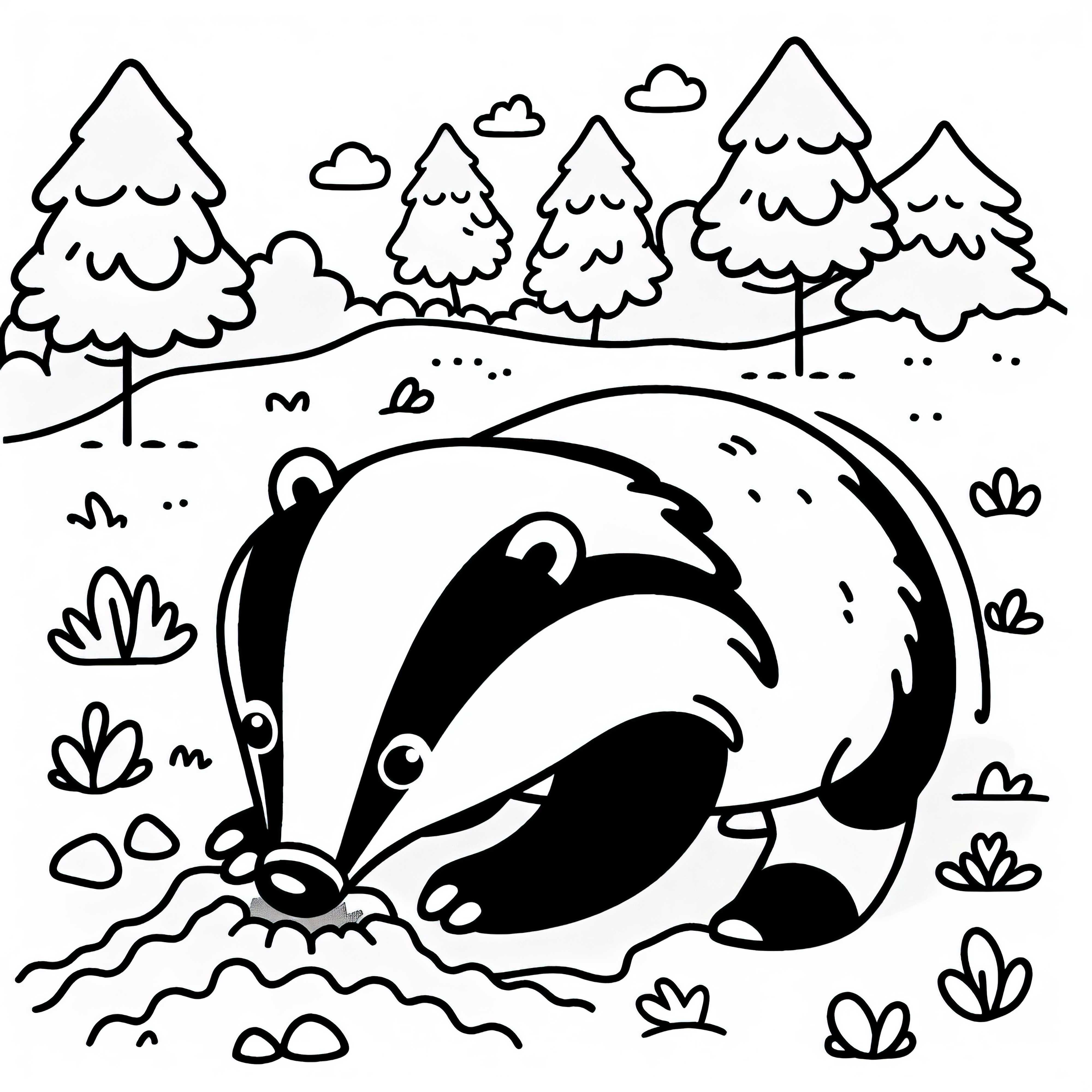 El tejón busca comida en el suelo: Dibujo para colorear simple (Gratis)
