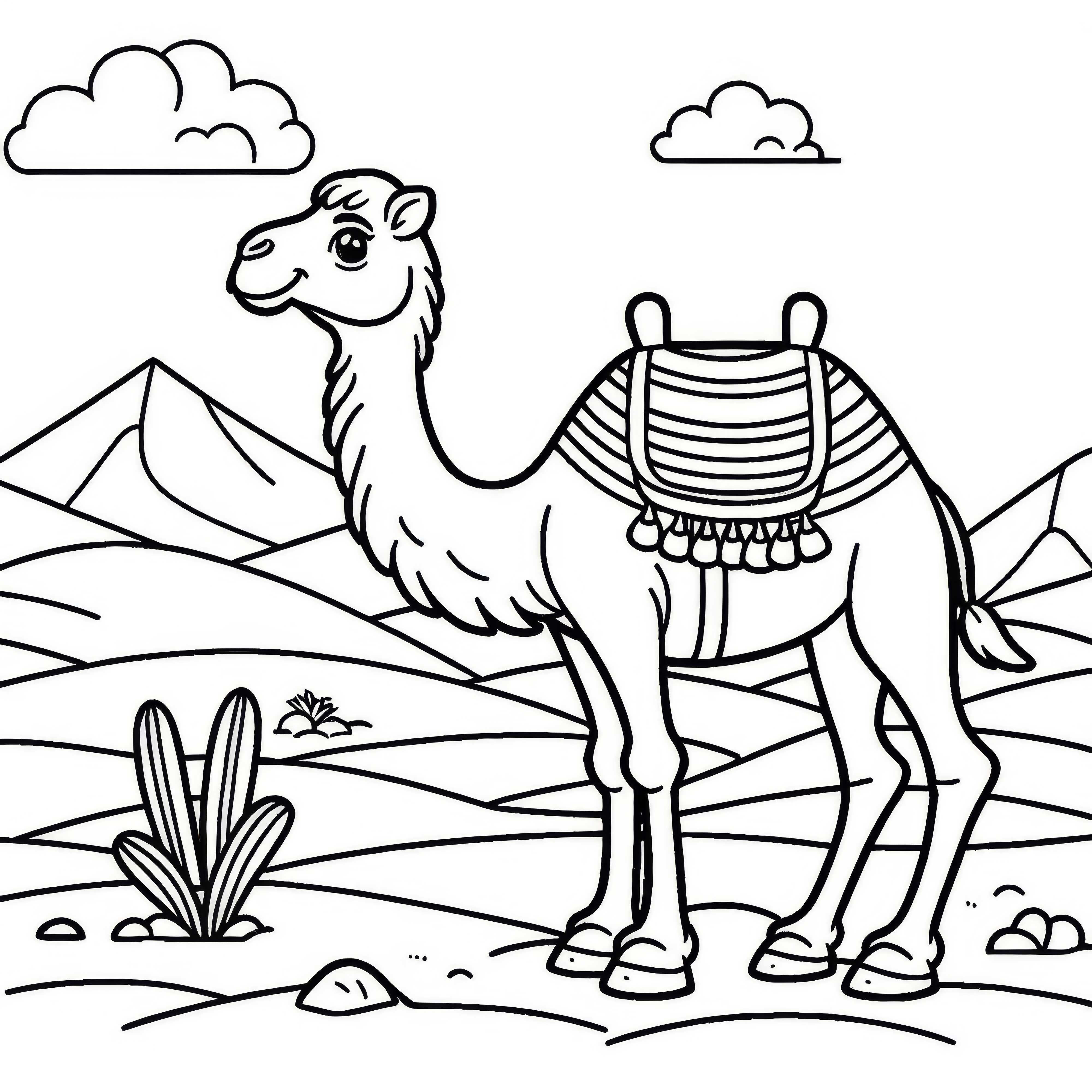 Camelo em paisagem desértica com dunas de areia: Modelo de desenho simples (Grátis)