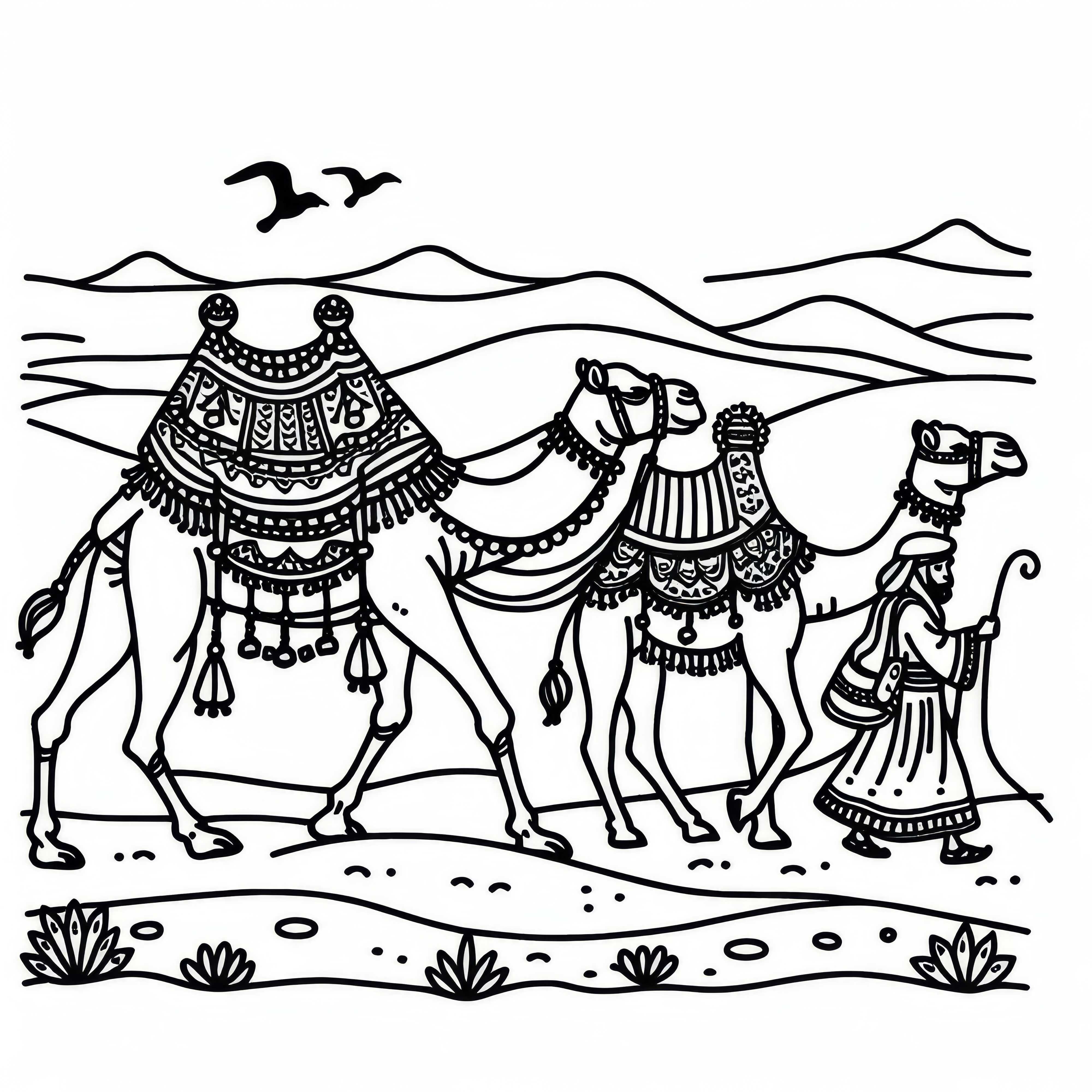 Camelos caminham em caravana com guia beduíno: Modelo simples para colorir (Gratuito)