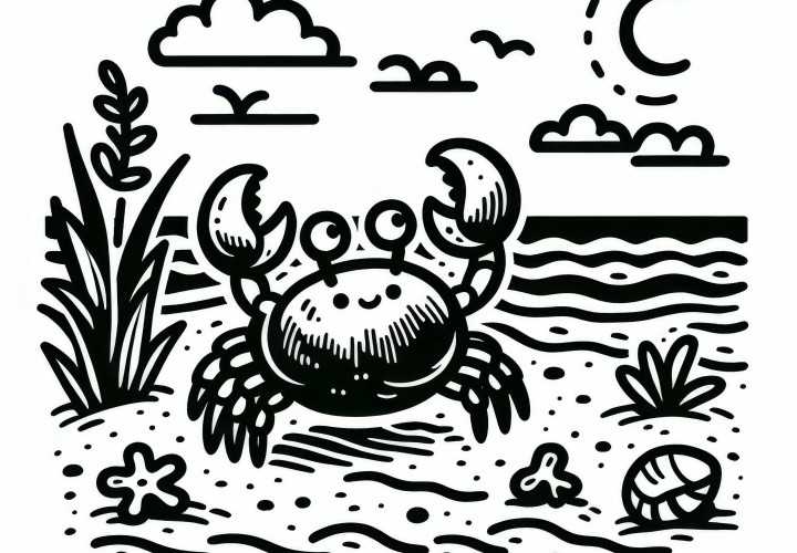 Crab Crawling on Sandy Beach: Simple Coloring Page (Free)