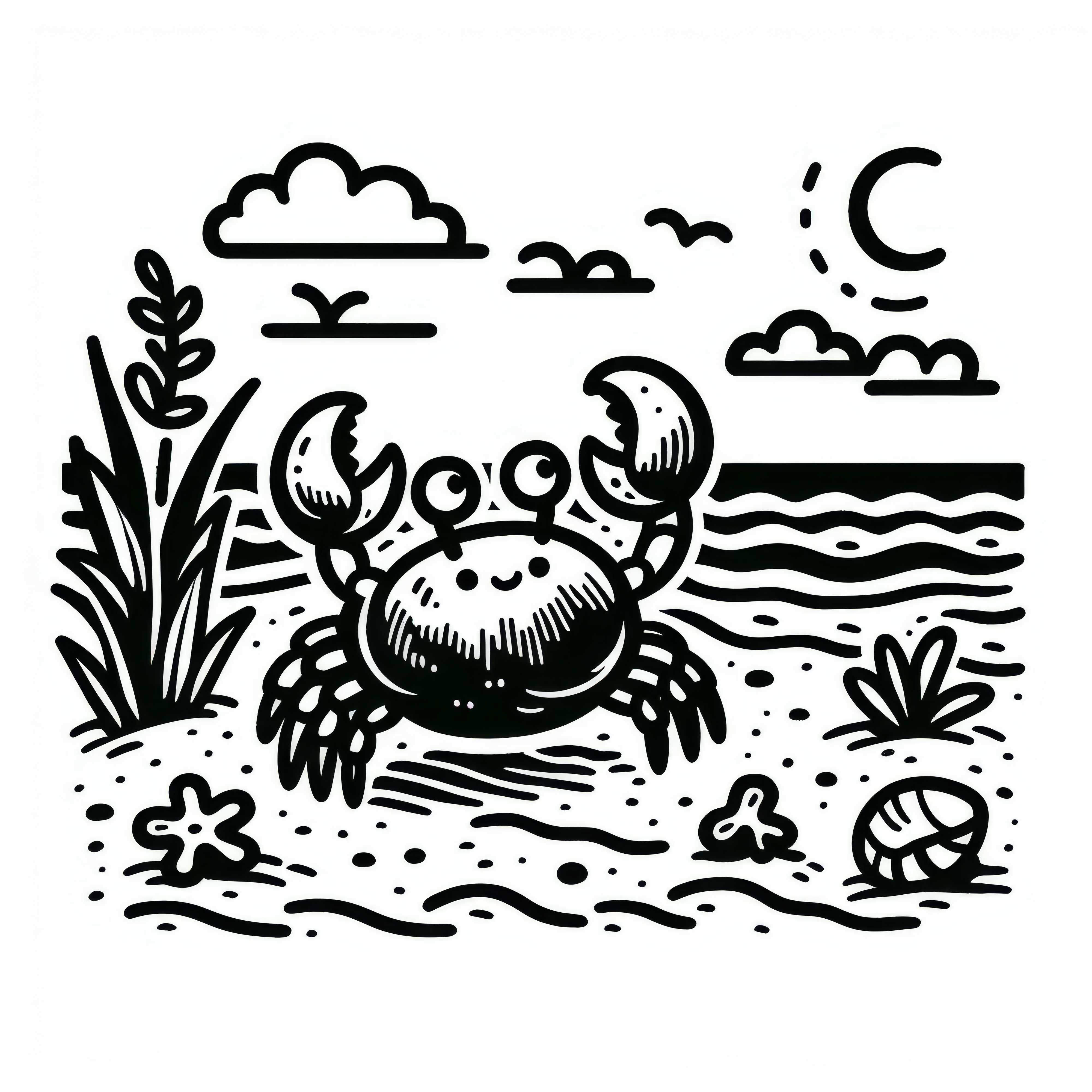 Crab crawling over sandy beach: Simple coloring template (Free)
