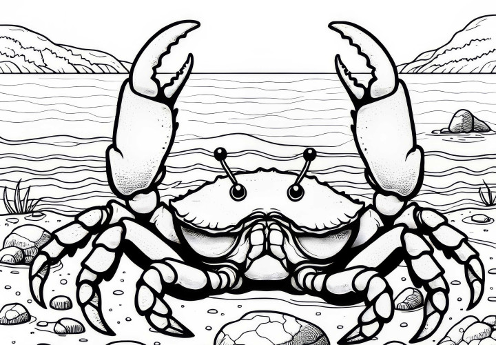 Crab with claws at the sea: Simple coloring page (Free)