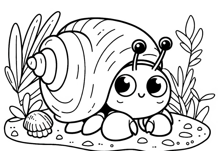Hermit crab carries its shell: Simple coloring template (Free)