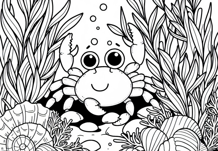 Cancer between algae and mussels underwater: Simple coloring template (Free)