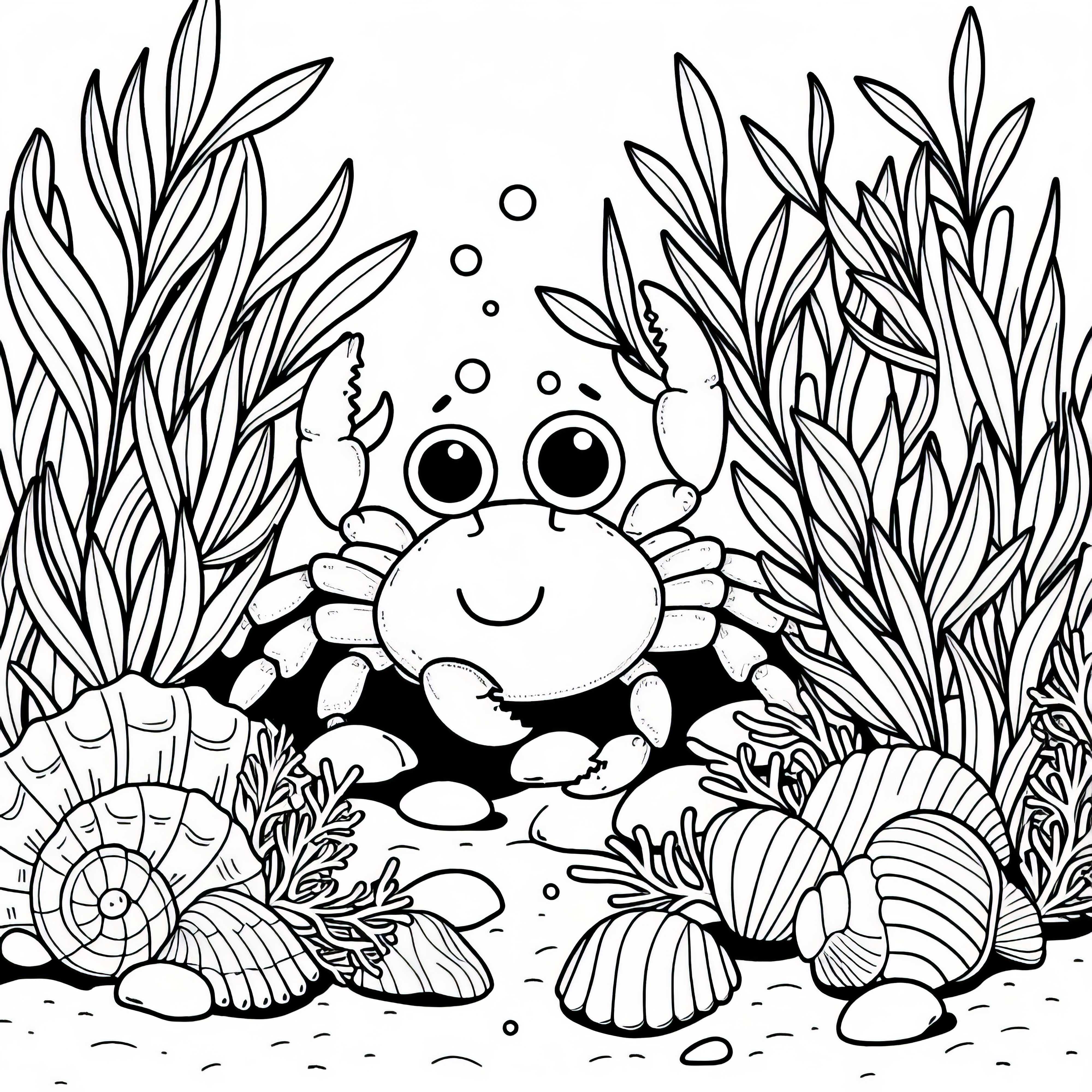 Cancer between algae and mussels underwater: Simple coloring template (Free)