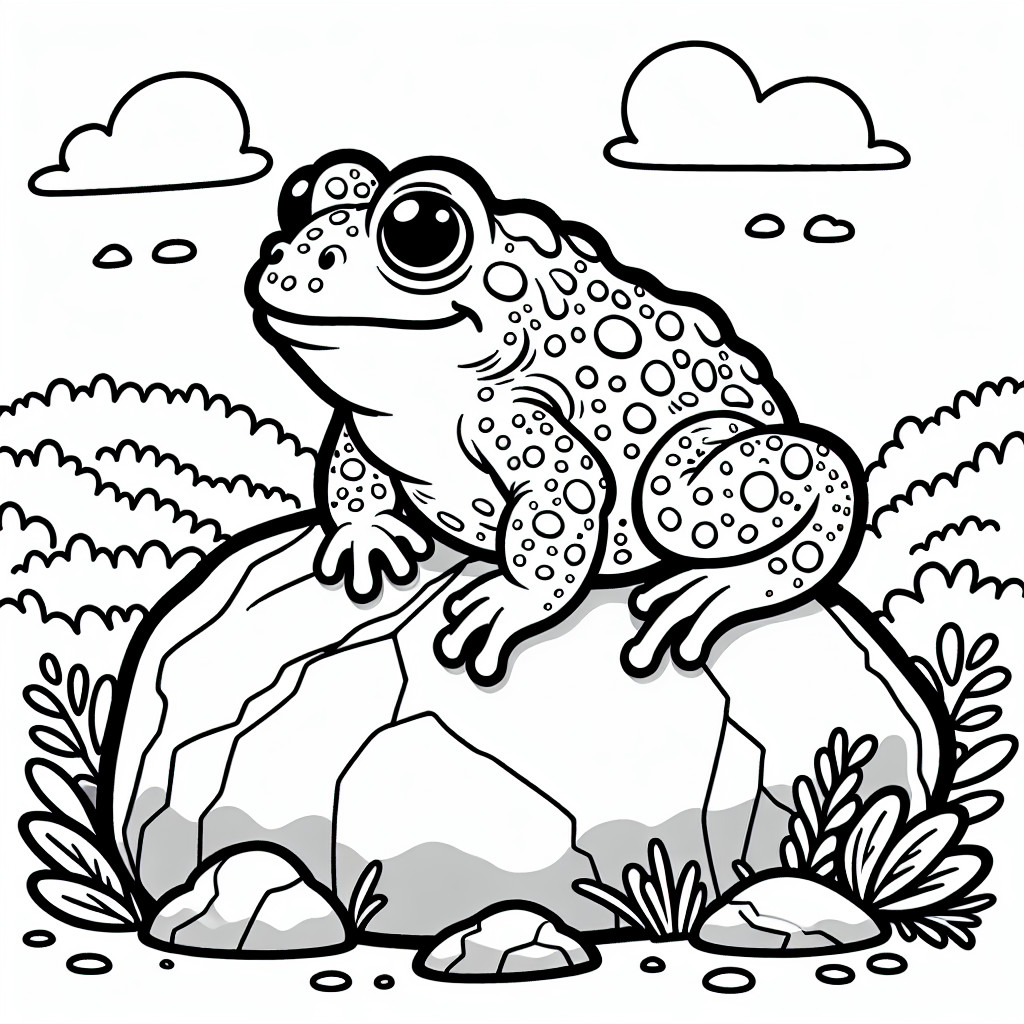 Sapo grande sentado na pedra: Modelo de colorir simples (Grátis)