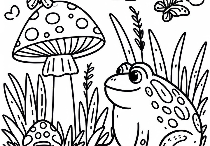 Sapo sentado na grama ao lado do cogumelo: Modelo de desenho simples (Gratuito) Sapo sentado na grama ao lado do cogumelo: Modelo de pintura simples (Gratuito)