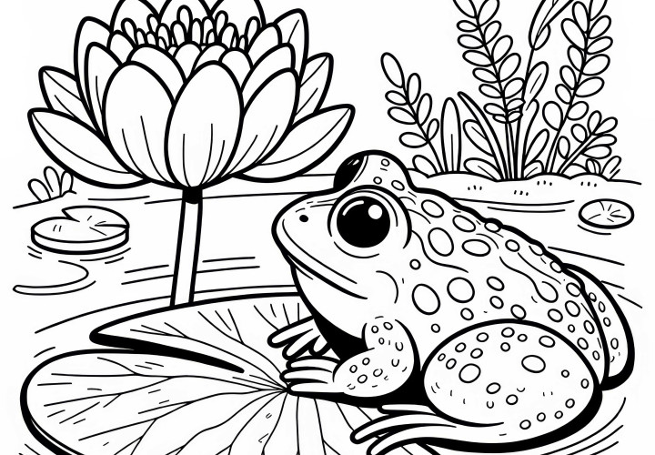 Sapo em folha de nenúfar no lago: Desenho para colorir simples (Gratuito) Sapo em folha de nenúfar no lago: imagem para colorir simples (Gratuito)