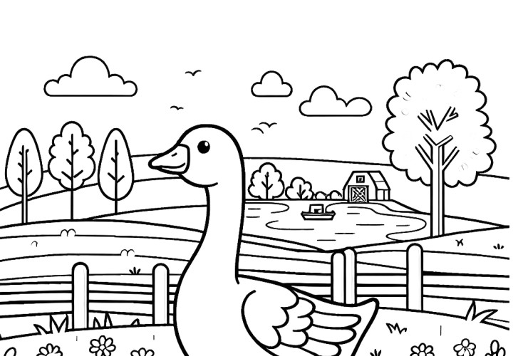 Ganso en el campo de la granja: Dibujo para colorear simple (Gratis)