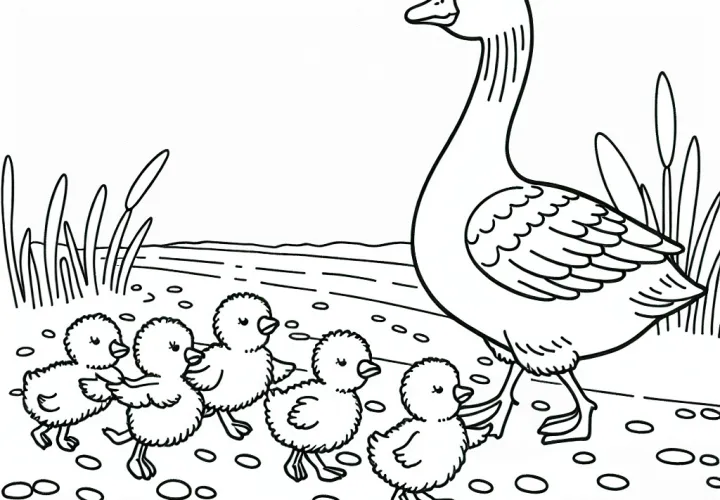 Madre ganso con patitos en un camino de campo: Plantilla para colorear sencilla (Gratis)