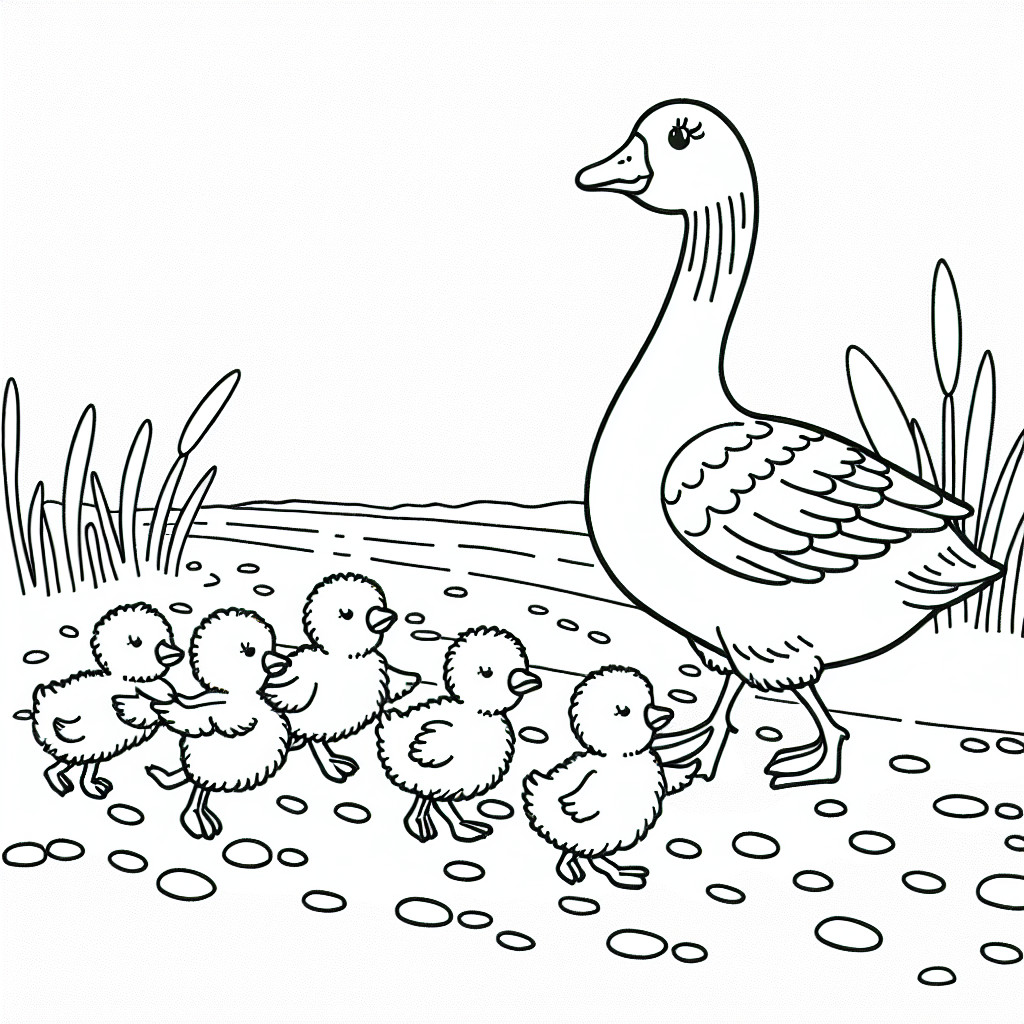 Madre pata con patitos en un camino de campo: Plantilla de pintura sencilla (Gratis)