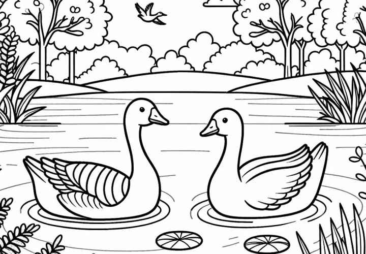 Dos gansos en un lago: Dibujo para colorear sencillo (Gratis)