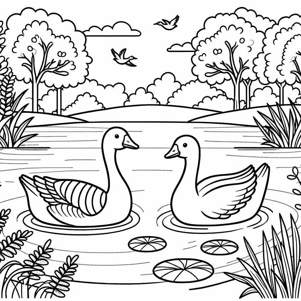 Duas gansos em um lago: Desenho para colorir simples (Gratuito)