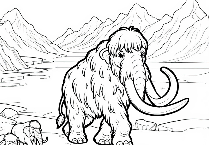 Buzul Çağı Manzarasında Mammut: Basit Boyama Sayfası (Ücretsiz)