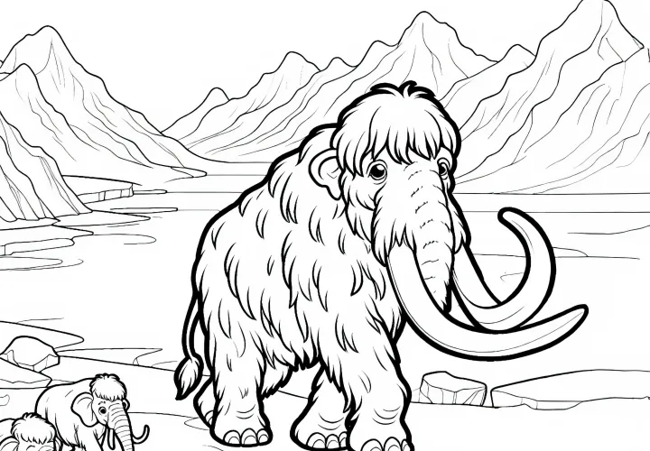 Mammut in paesaggio dell'era glaciale: Immagine da colorare semplice (Gratis)