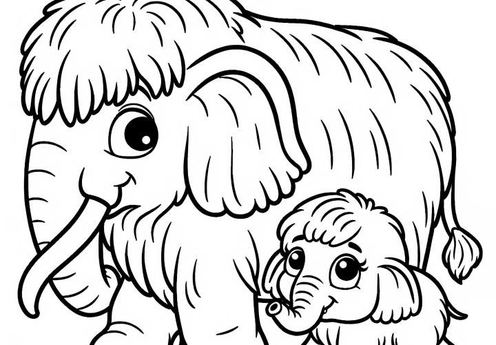 Mamut bebeği annesiyle: Basit boyama şablonu (Ücretsiz)