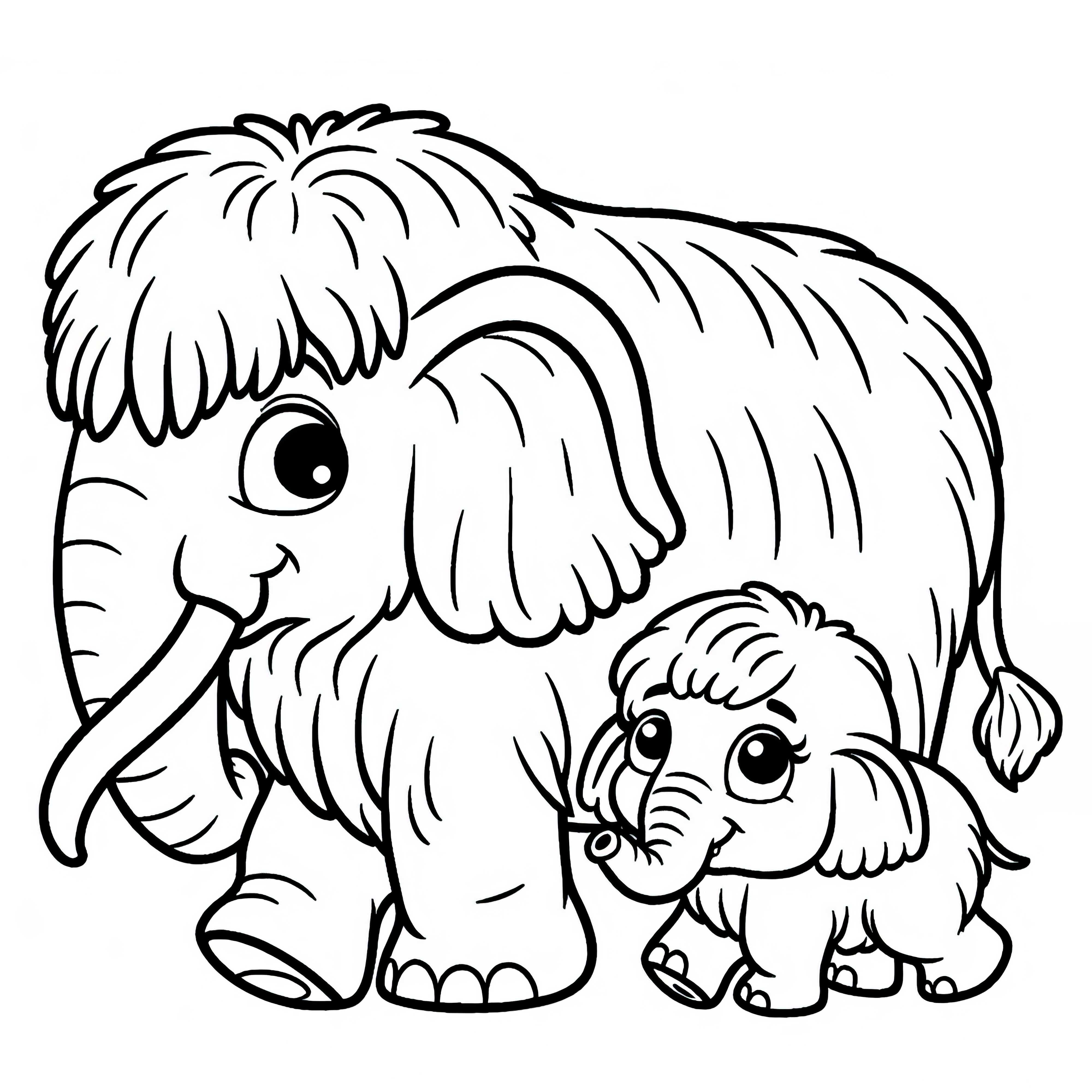 Cucciolo di mammut con madre: Semplice modello da colorare (Gratis)