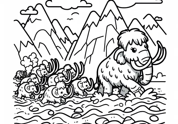 La mandria di mammut attraversa un fiume in piena: semplice disegno da colorare (gratuito)