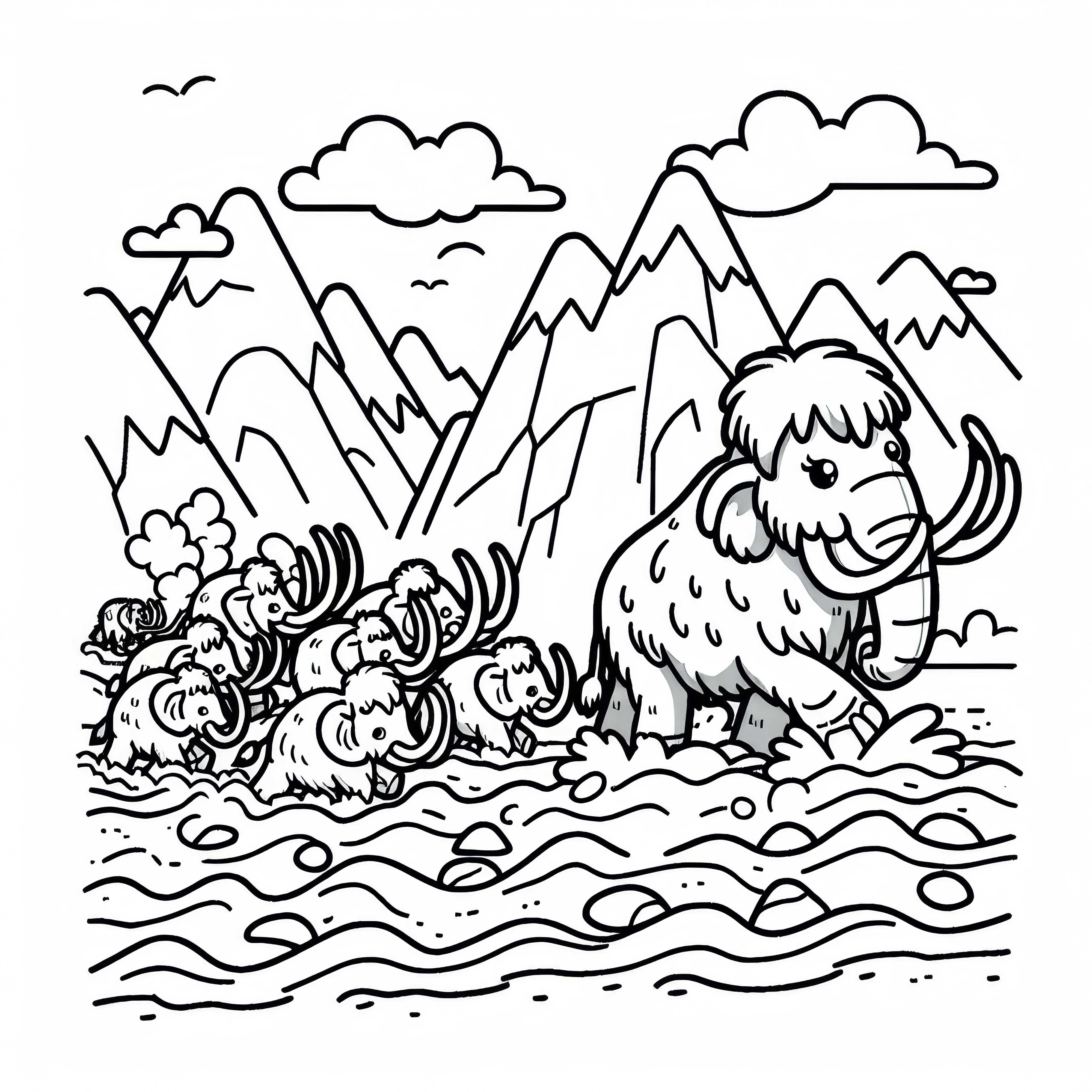 Mamut sürüsü debelenen nehri geçiyor: Basit boyama sayfası (Ücretsiz)