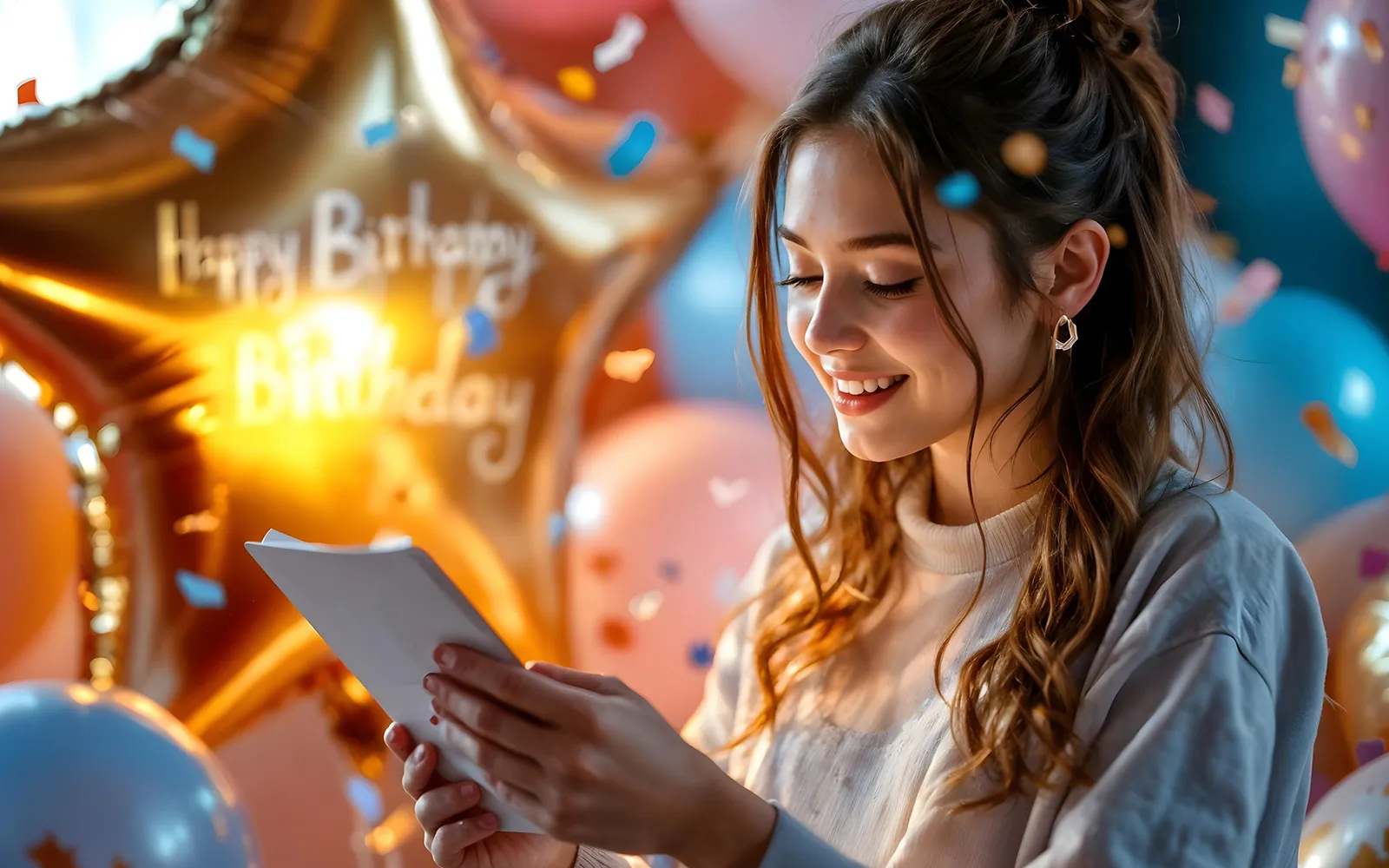 Fröhliches Bild mit großem "Happy Birthday"-Ballon. Tolle Geburtstagswünsche für die Freundin oder Ehefrau zum Teilen. Romantische Geburtstagsgrüße für die Frau mit Happy Birthday Ballon