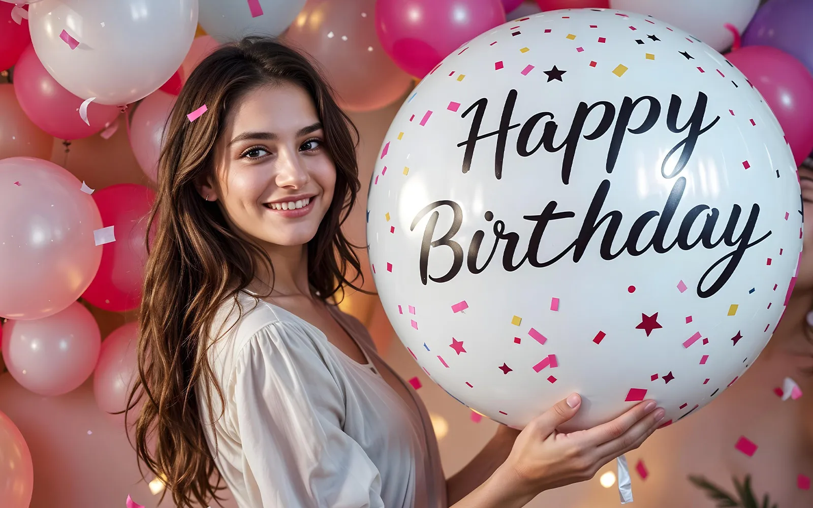 Romantisches Geburtstagsbild mit Rosen und Ballons – herzliche Grüße und Sprüche zum Geburtstag für die Liebste. Liebevolle Geburtstagswünsche für die Freundin mit Rosenstrauß
