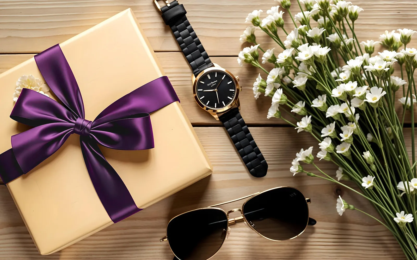 Stilvolles Geburtstagsgeschenk für Männer mit Uhr und Blumen