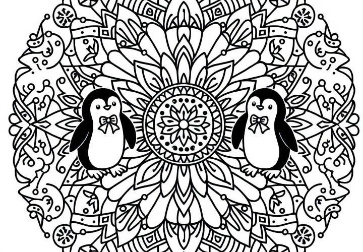 Pinguin Mandala šablóna - Omalovánka zadarmo