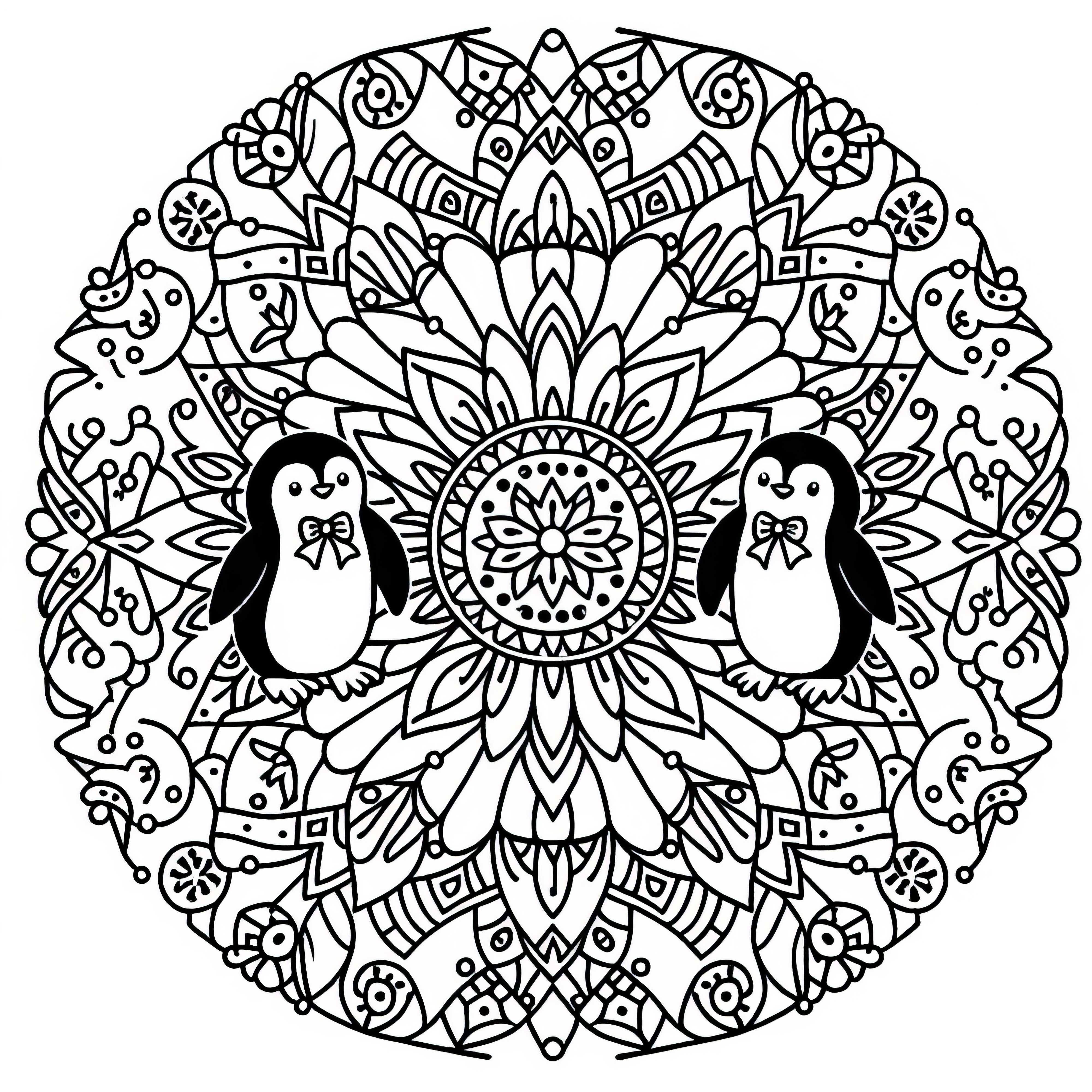 Pinguin mandala vzor - obrázok na vyfarbovanie zadarmo