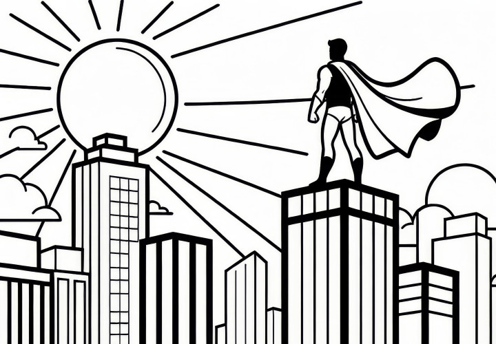 Superheld steht auf Hochhaus und schaut in den Sonnenuntergang: Kostenlose Malvorlage Superheld steht auf Hochhaus und schaut in den Sonnenuntergang: Kostenlose Malvorlage