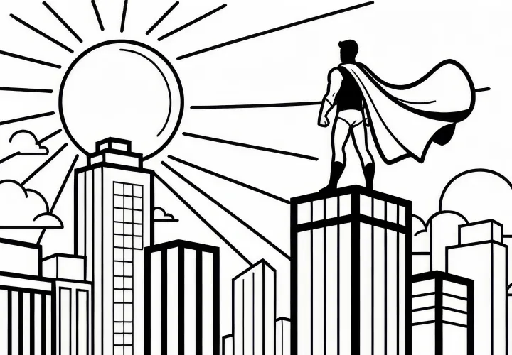 Superheld steht auf Hochhaus und schaut in den Sonnenuntergang: Kostenlose Malvorlage