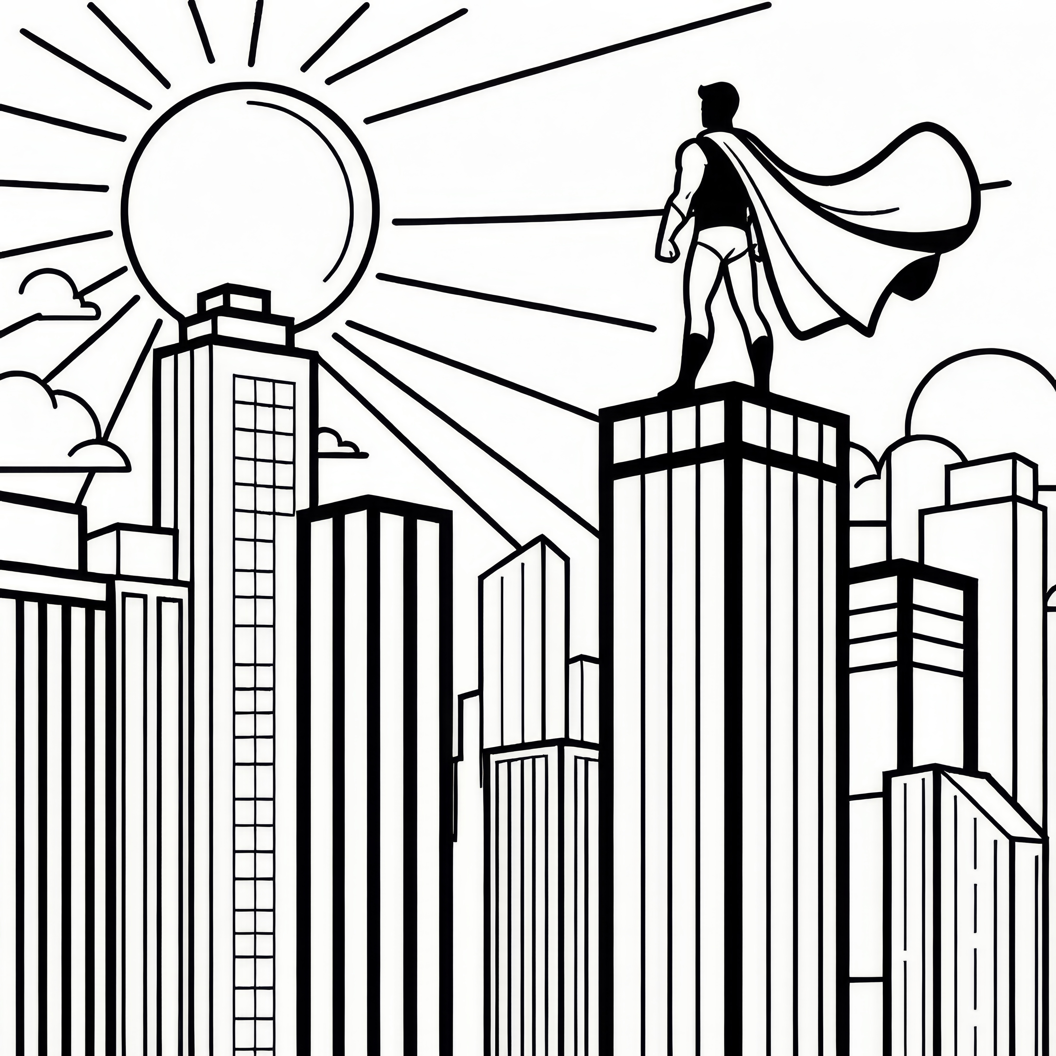 Superheld steht auf Hochhaus und schaut in den Sonnenuntergang: Kostenlose Malvorlage