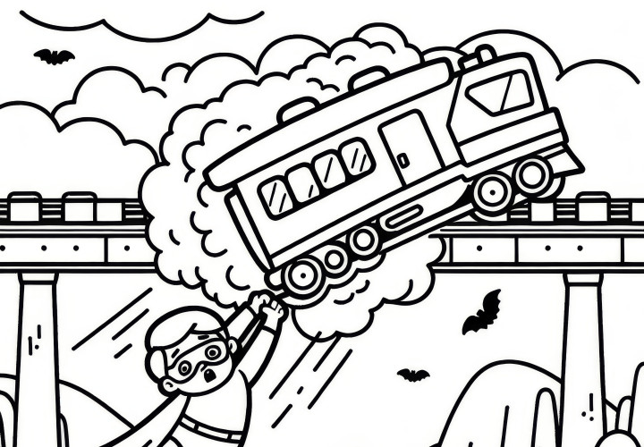 Superheld rettet Zug, der von Brücke stürzt: Malvorlage zum Download (Gratis) Superheld rettet Zug, der von Brücke stürzt: Malvorlage zum Download (Gratis)