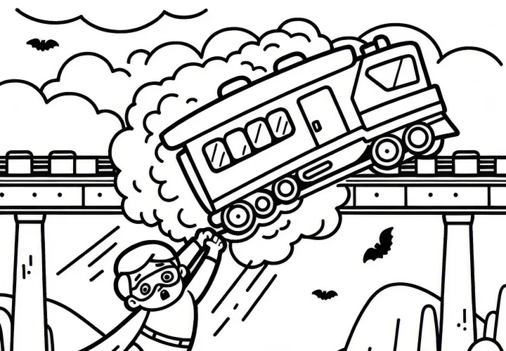 Superheld rettet Zug, der von Brücke stürzt: Malvorlage zum Download (Gratis)