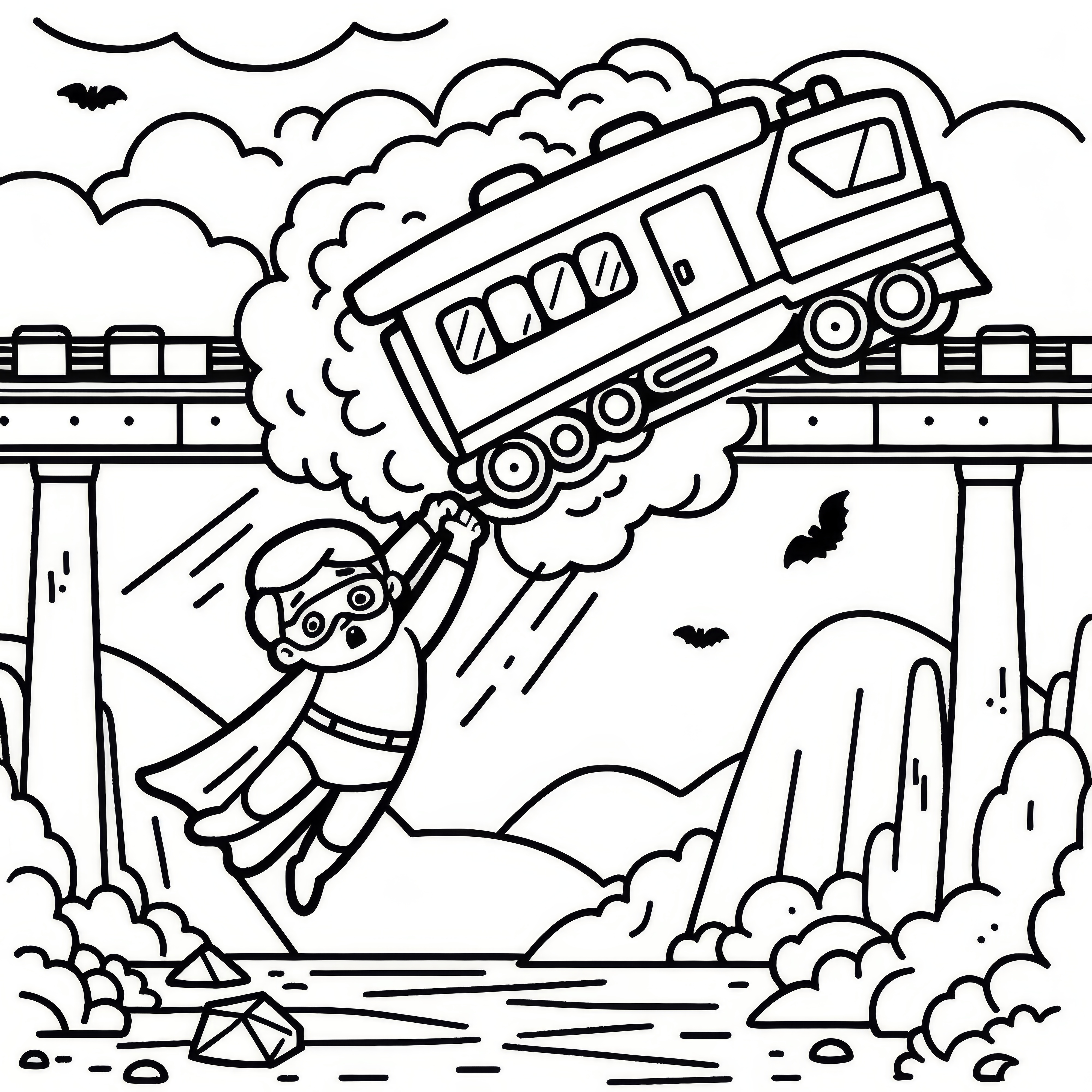 Superheld rettet Zug, der von Brücke stürzt: Malvorlage zum Download (Gratis)