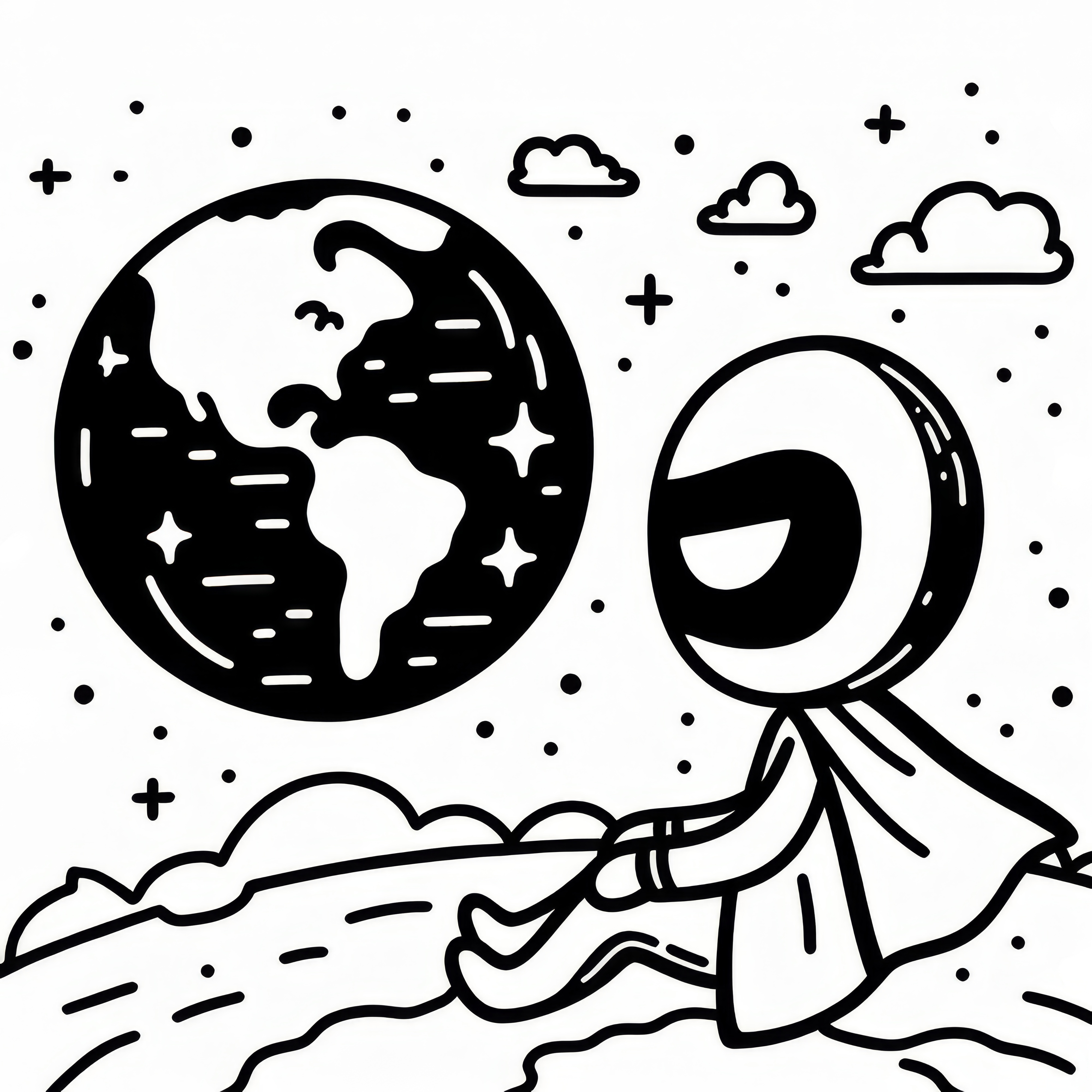 Superheld auf dem Mond mit Blick auf die Erde: Ausmalbild zum Herunterladen (Kostenlos)