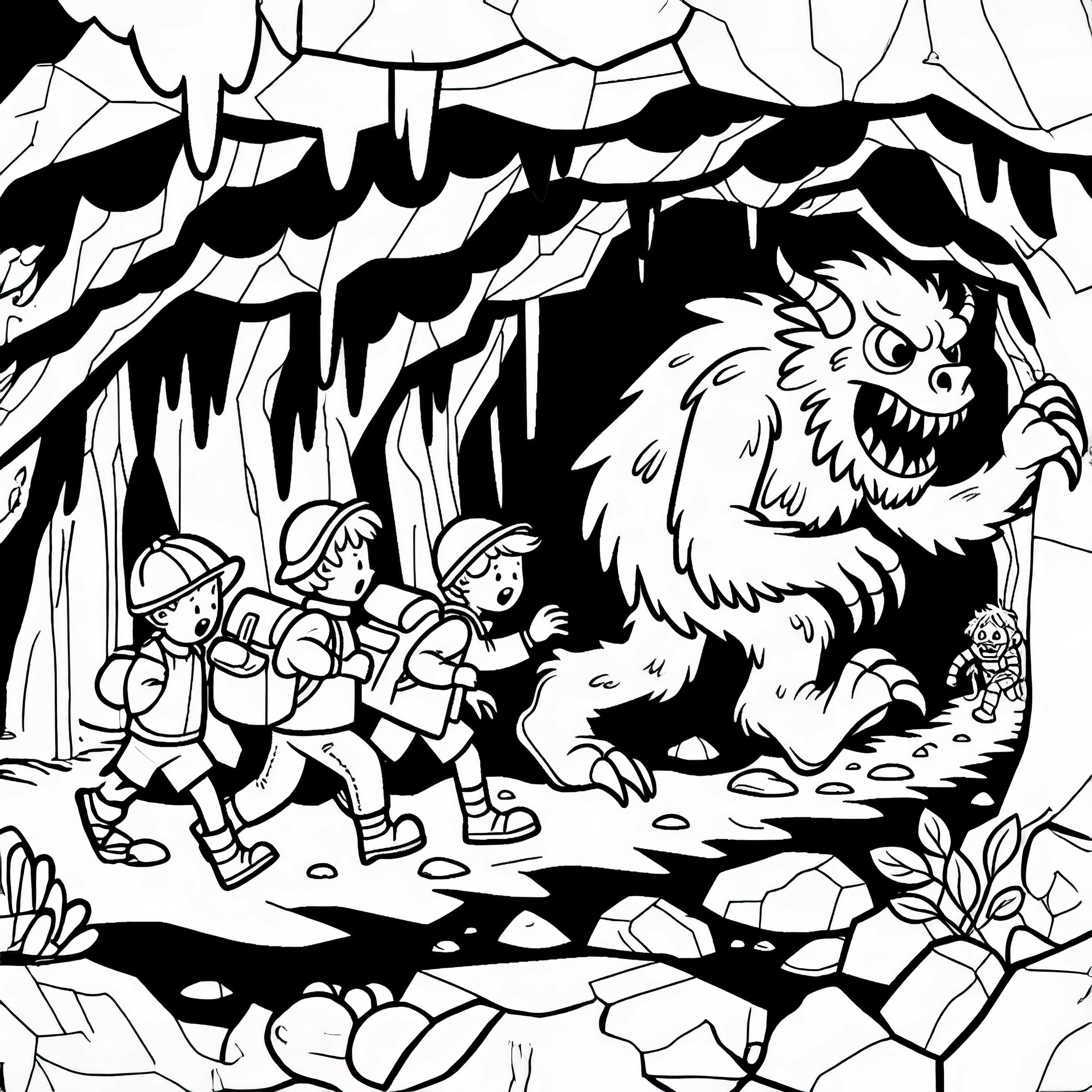 Monster und Abenteurer in Höhle: Gratis Malvorlage