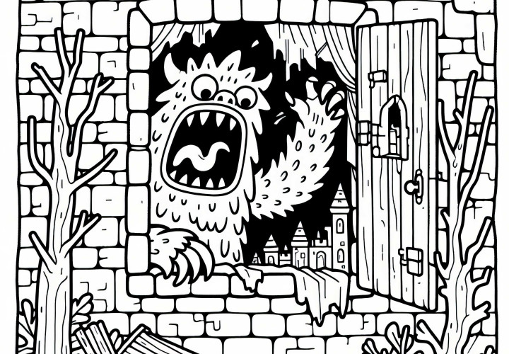 Monster versteckt sich in verlassenem Schloss und brüllt aus Fenster – Gratis Malvorlage Monster versteckt sich in verlassenem Schloss und brüllt aus Fenster – Gratis Malvorlage