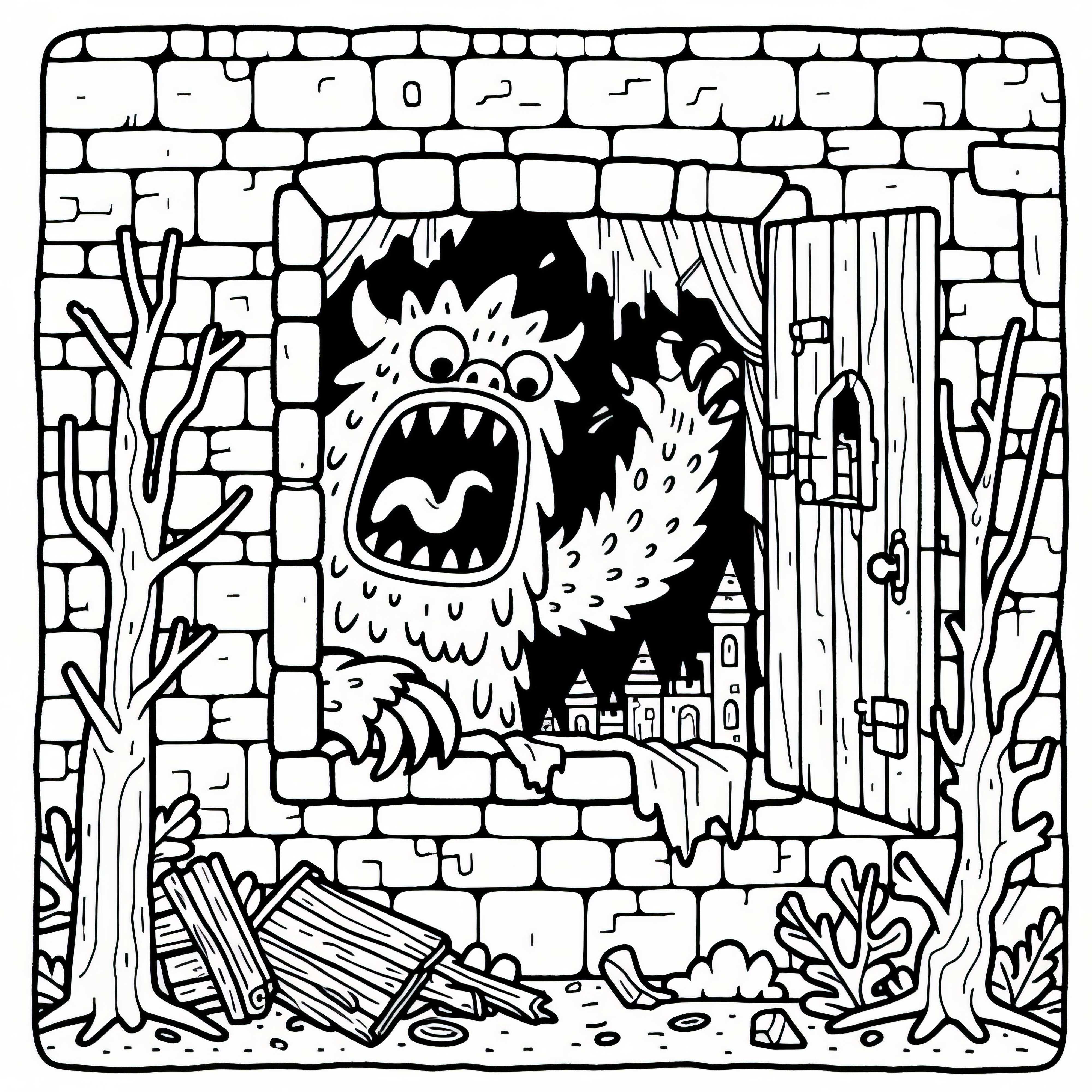 Monster versteckt sich in verlassenem Schloss und brüllt aus Fenster: Gratis Malvorlage