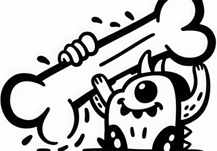 Monster spielt mit riesigem Knochen als Spielzeug: Ausmalbild zum Download (Kostenlos)