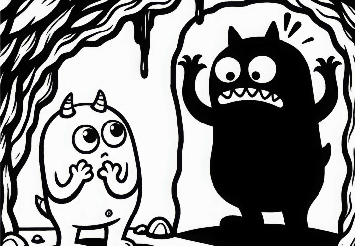 Monster beobachtet seinen eigenen Schatten in Höhle und erschreckt sich: Gratis Ausmalbild