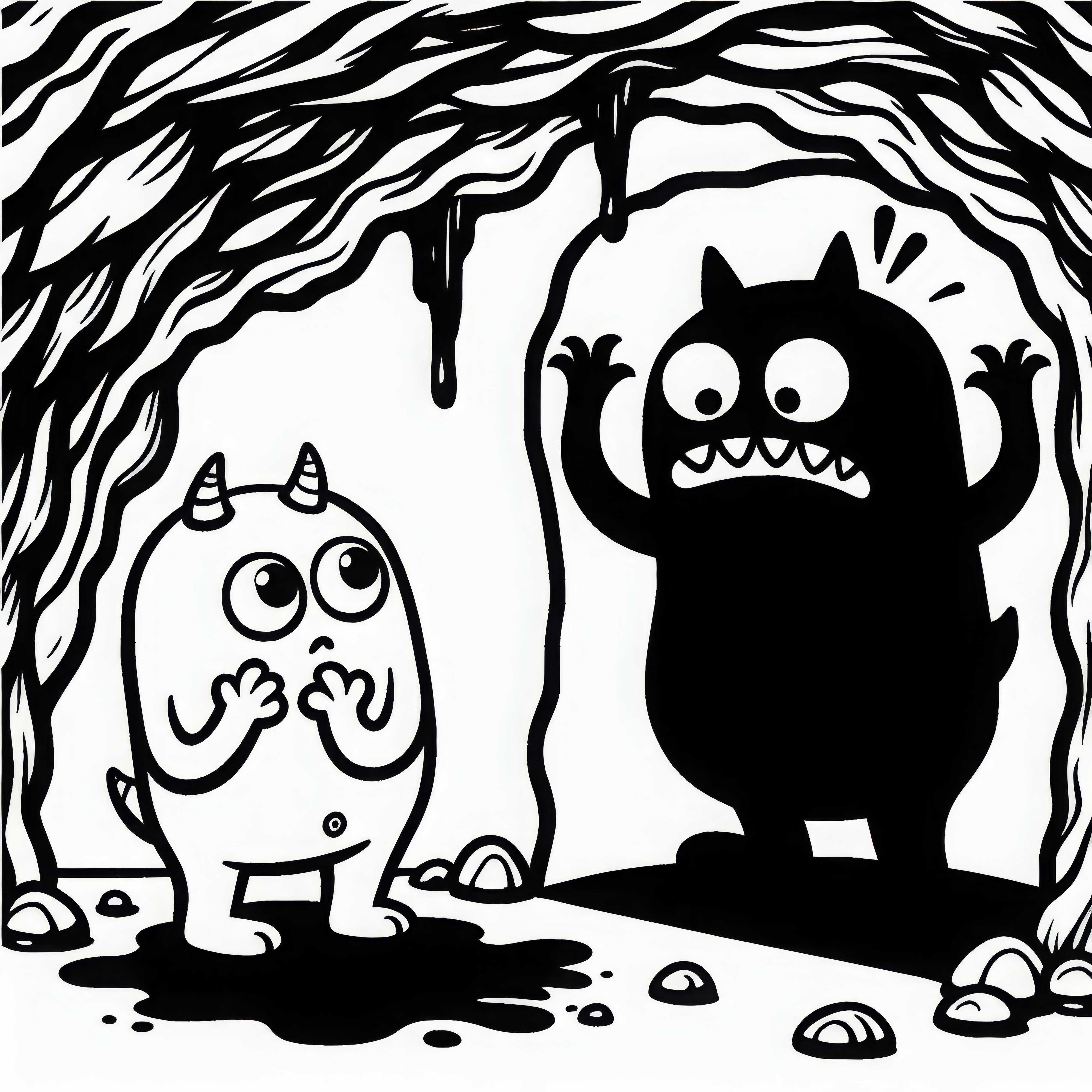 Monster beobachtet seinen eigenen Schatten in Höhle und erschreckt sich: Gratis Ausmalbild
