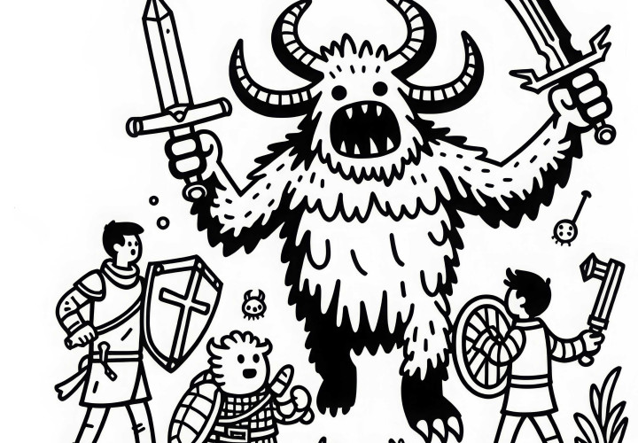 Monster kämpft gegen eine Gruppe von Abenteurern mit Waffen: Malvorlage zum Download (Kostenlos) Monster kämpft gegen eine Gruppe von Abenteurern mit Waffen: Malvorlage zum Download (Kostenlos)