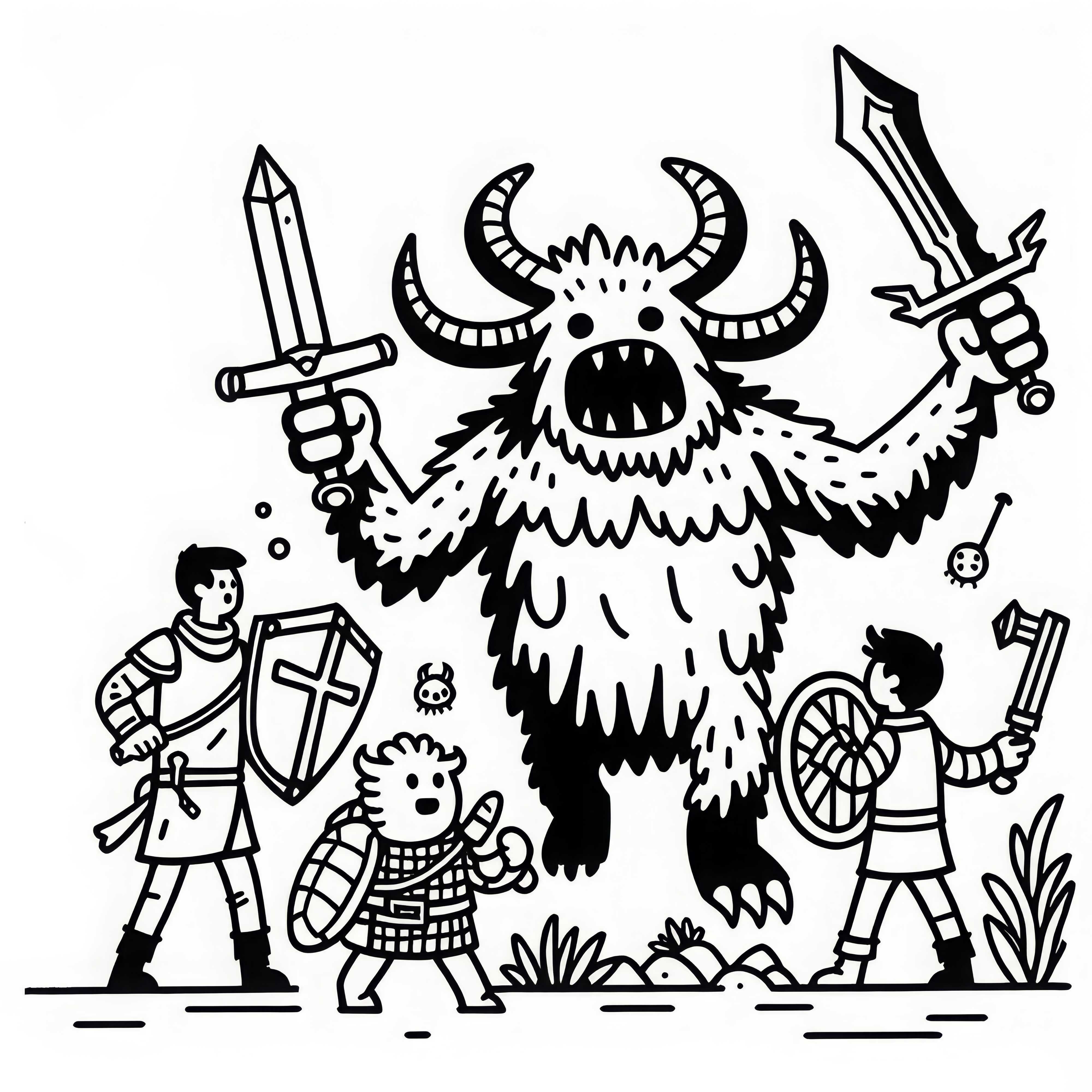 Monstre se bat contre un groupe d'aventuriers avec des armes : page à colorier à télécharger (Gratuit)